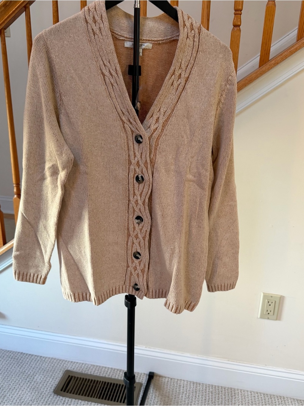 Liz Claiborne Cable-Trim Button Cardigan - Tan - Picture 2 of 7